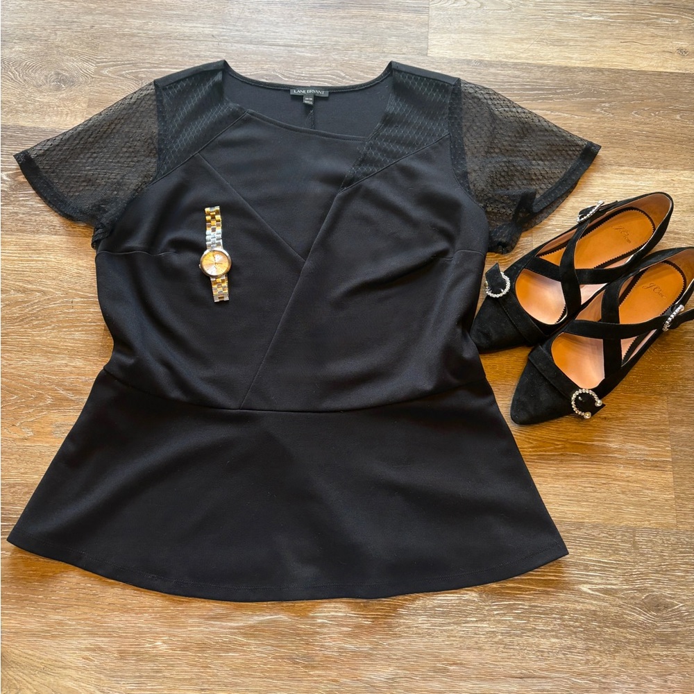 Lane Bryant Black Flutter Sleeve Blouse Top Flattering Fitted Lace Net 18/20 EUC